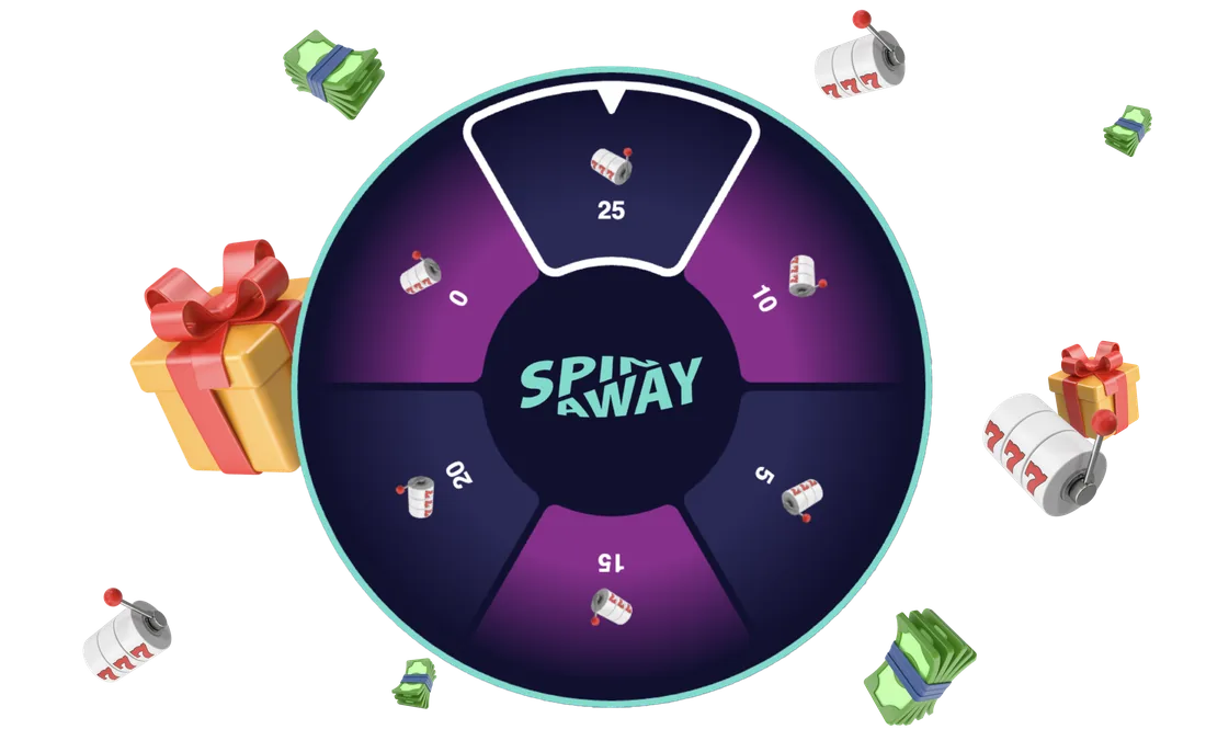 SpinAway rewards wheel surrounded by gift boxes, slot reels and banknotes