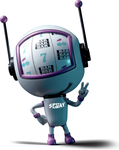 Spinman, the SpinAway mascot, showing a peace sign