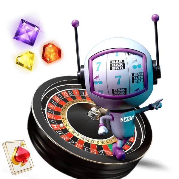 Spinman riding a roulette wheel next to glowing gems and a playing card